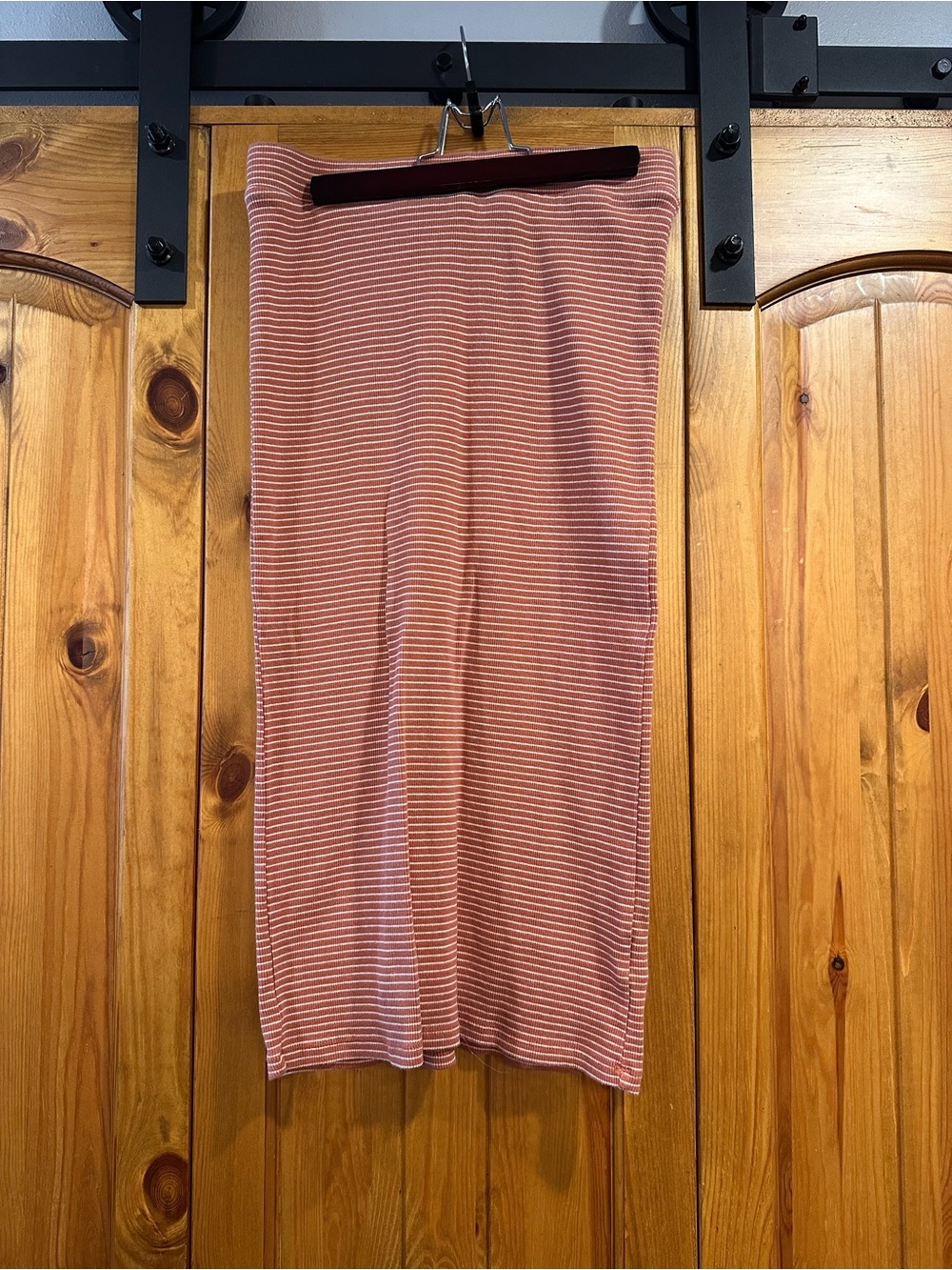 Stretch Ribbed Midi Pencil Skirt - Clay with White Horizontal Stripes, Cotton